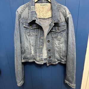 Maurices Distressed Denim Jean Jacket Womens Size XL extra large floral